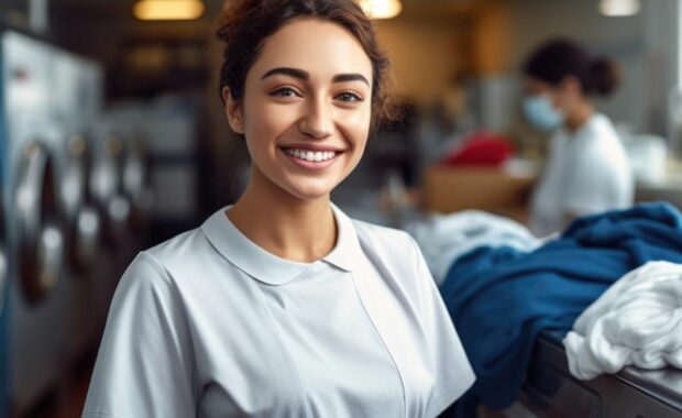 Hispanic woman working at laundromat