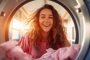 happy female loading washing machine at laundry, generative AI