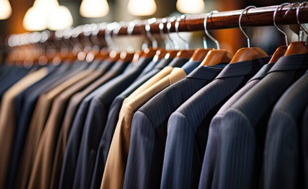 men's suits on hangers in a store
