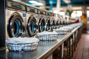 row of industrial washing machines in the laundry room