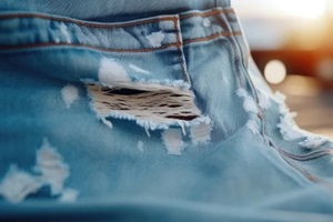 zoomedin view of a pair of ripped light wash jeans