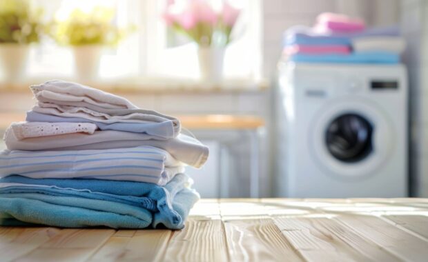 folded clean clothes lying on a wooden bench with a washing machine in the background